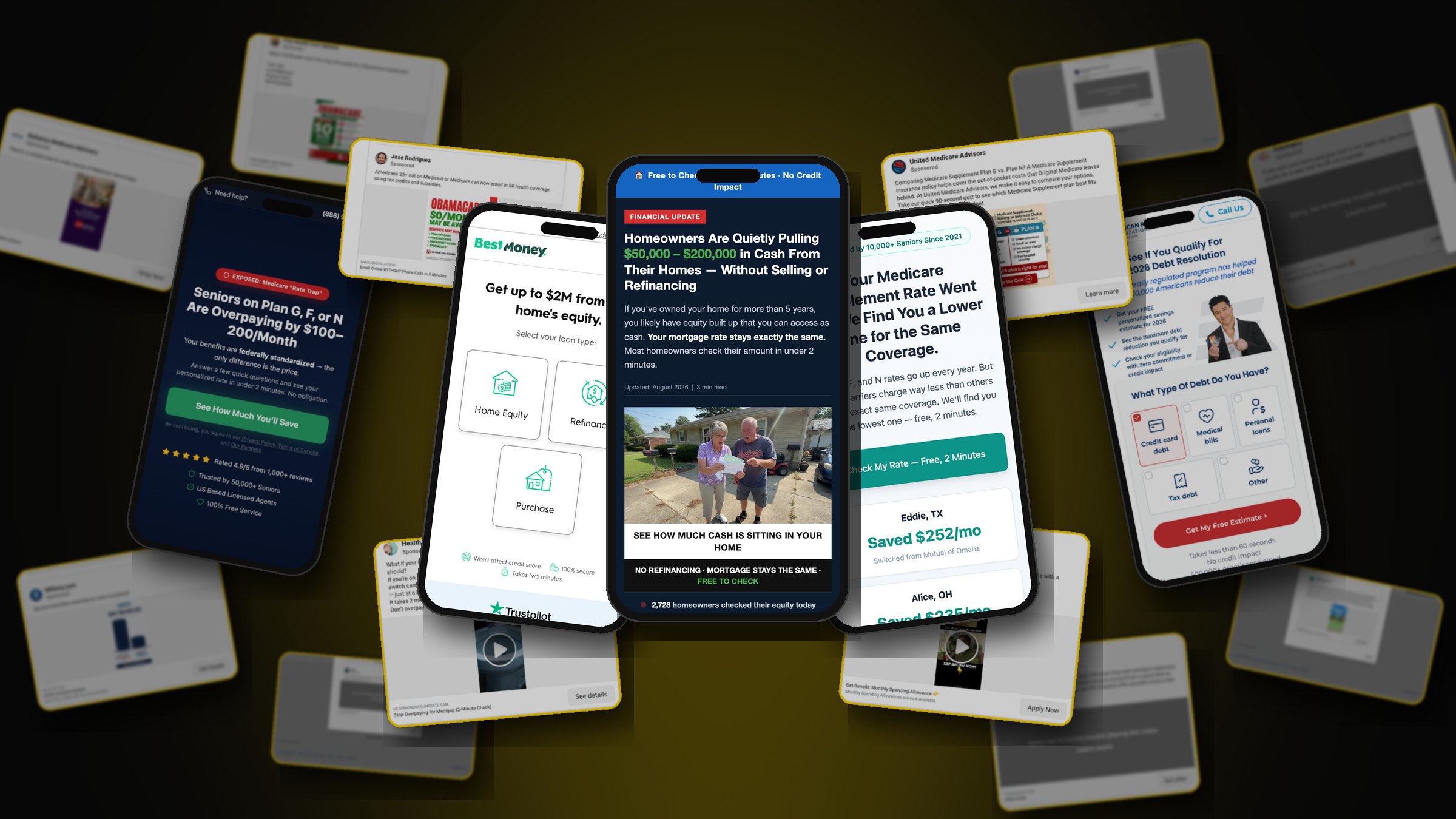 Real lead gen funnels on phones with real Facebook ads around them